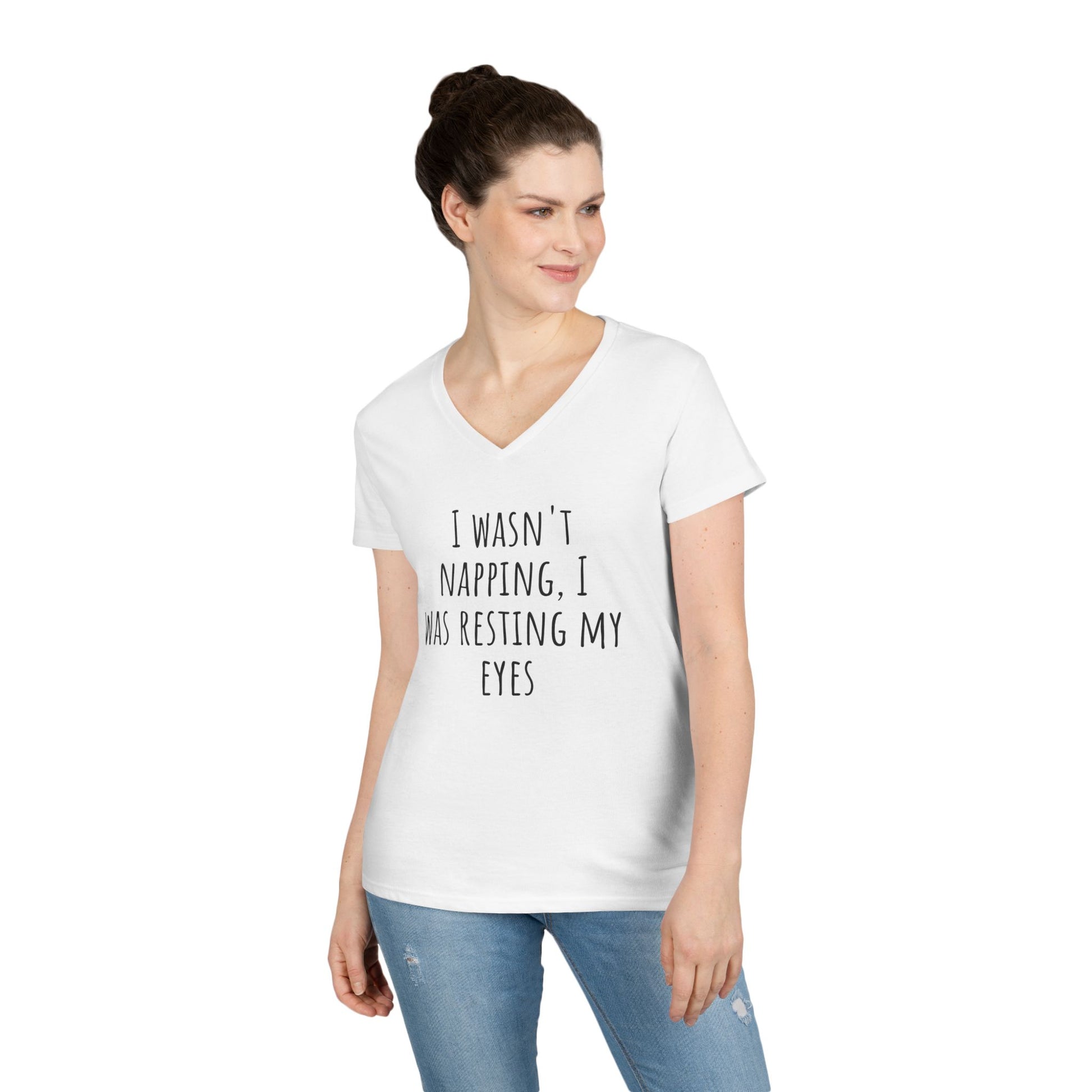 Funny White Lie V-Neck T-Shirt - I Was Resting My Eyes